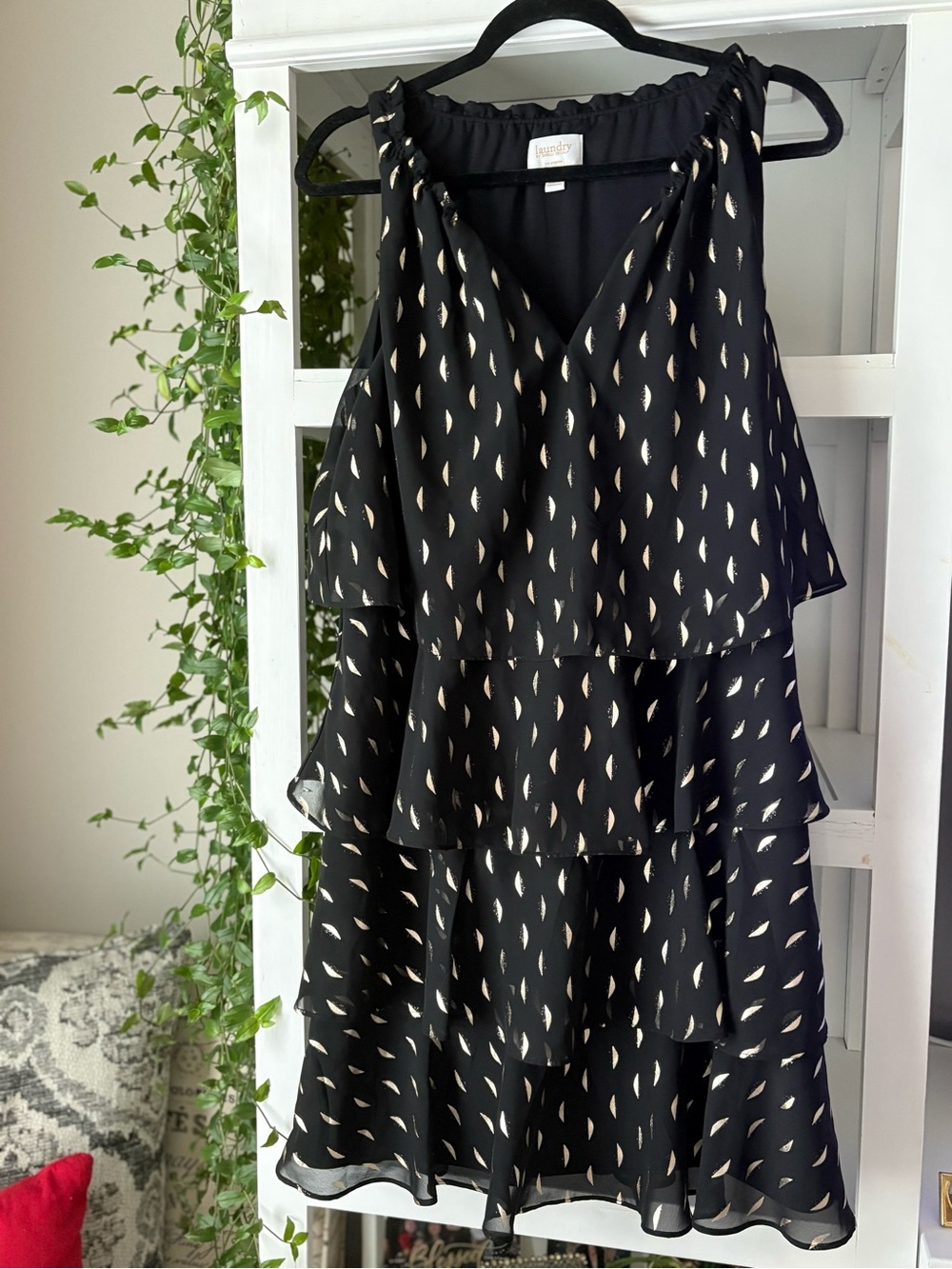 Laundry By Shelli Segal Black Tiered Ruffle Mini Dress with Metallic Dot Detail